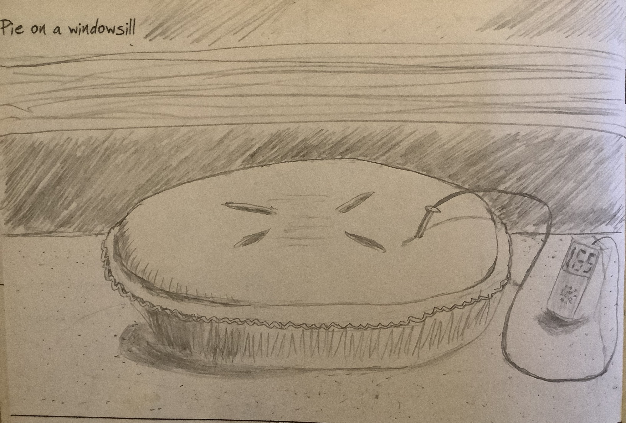 A pencil sketch of a pie with a cooking digital thermometer.