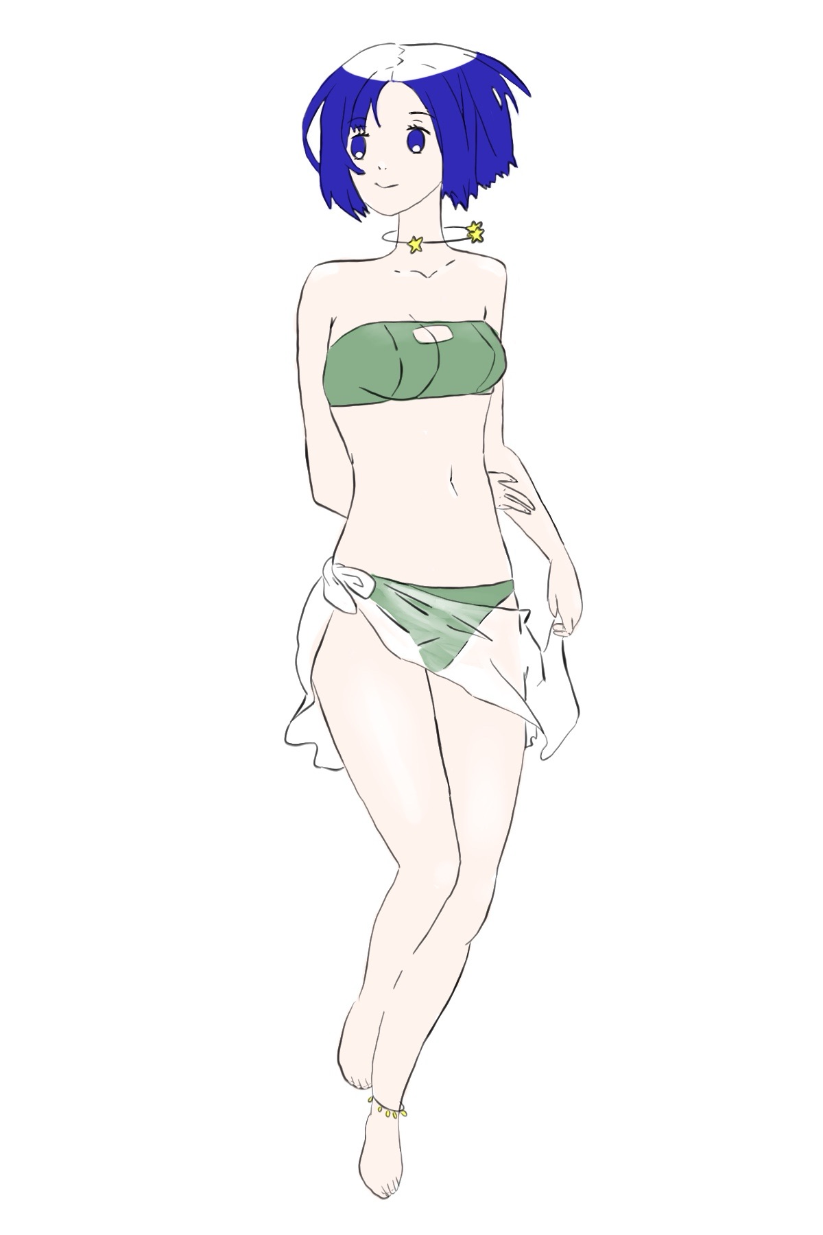 Anime girl in two piece swimsuit with sheer scarf